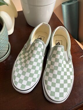 Vans women’s Slip-On Checkerboard Sneakers — Light Green & White